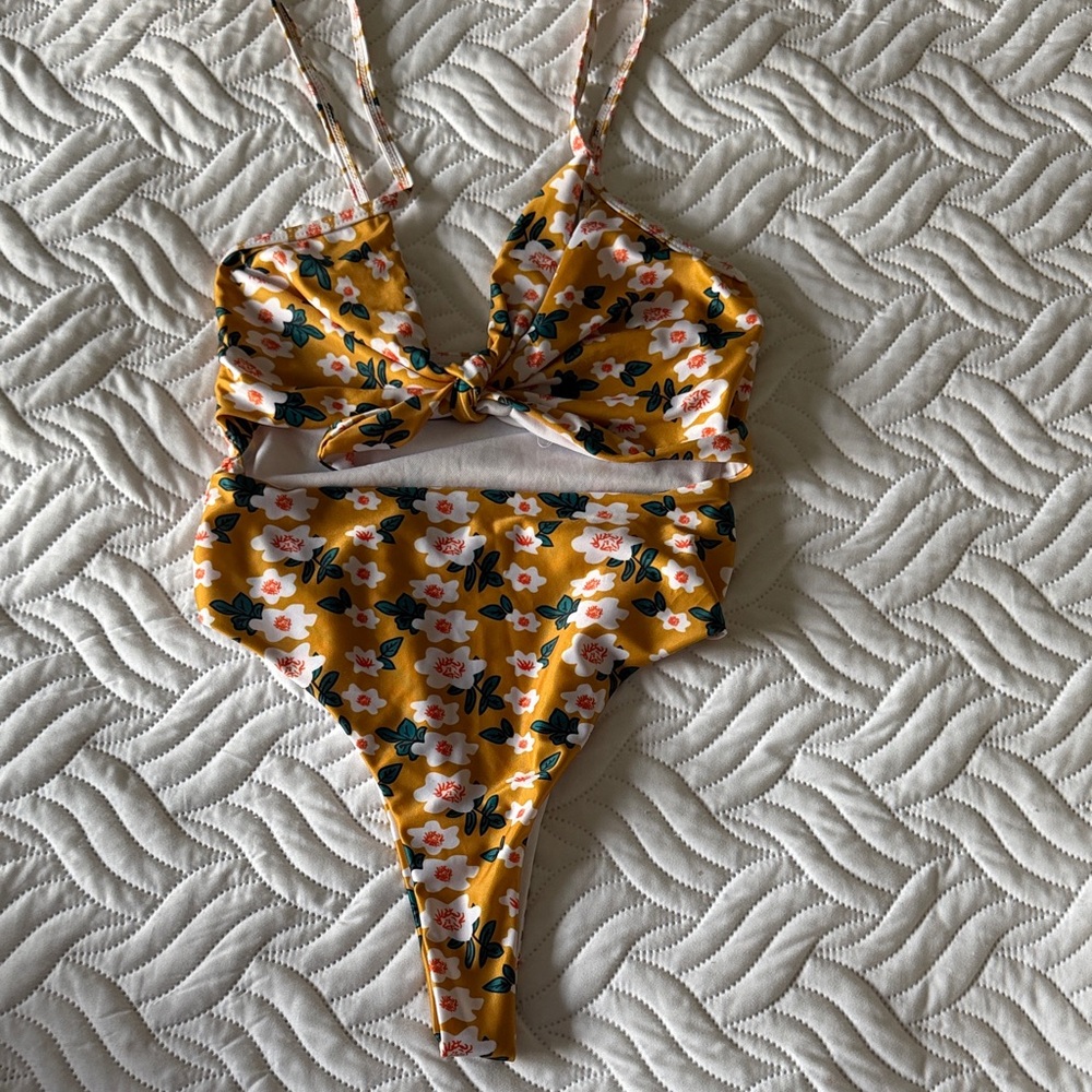 SHEIN Yellow Floral One-Piece Swimsuit